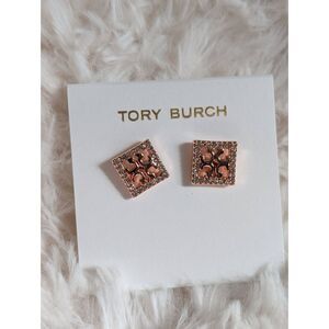 Tory Burch Rose Gold Pave Square Logo Stud Earrings